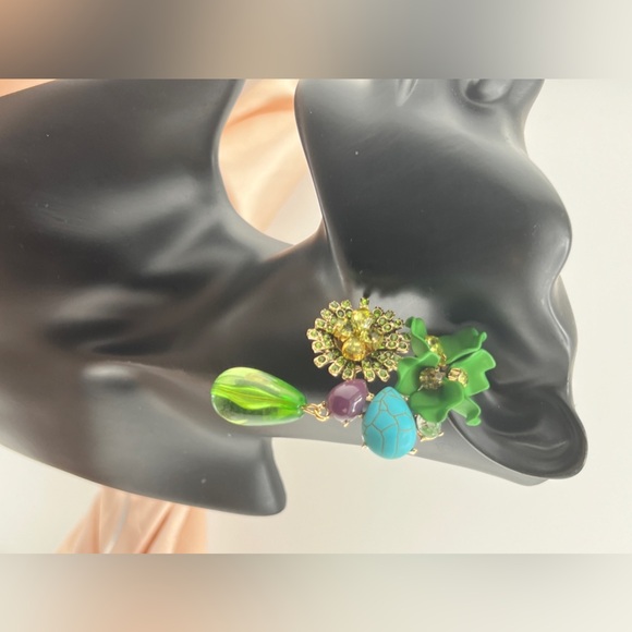 Green Floral Drop Earrings with Crystals and Stones” - Picture 3 of 8